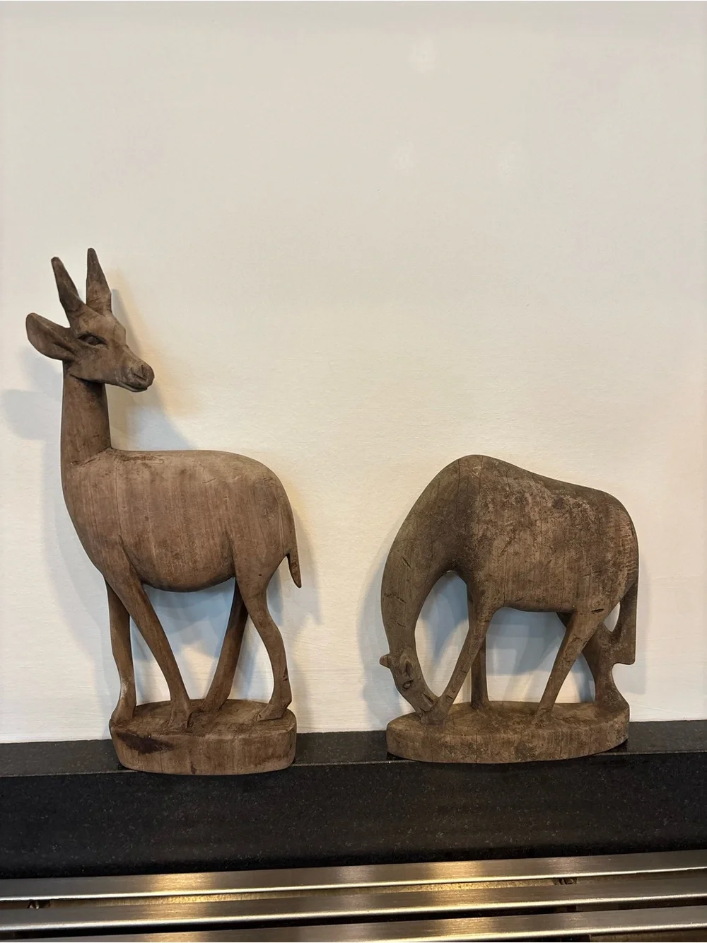 Vintage Hand Carved Rustic Natural Wood Antelope Figurines, Matte, Set Of 2